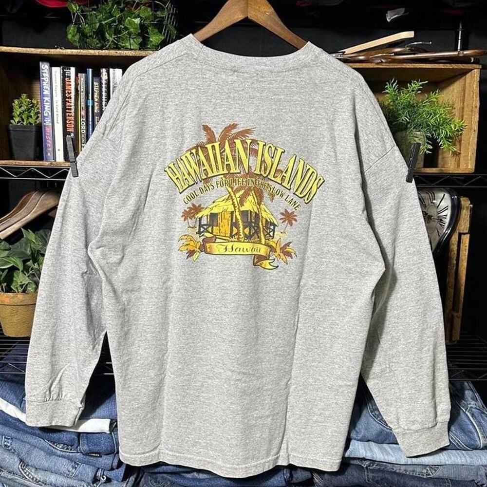 Vintage Y2K Hawaiian Islands Long Sleeve Tee Grey Hawaii Surf Ocean Shirt 2XL